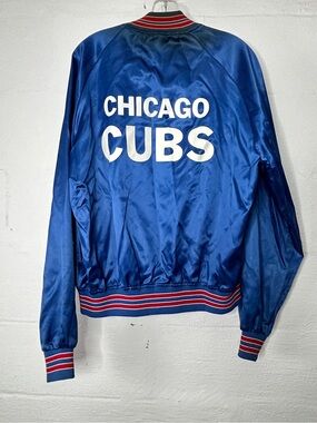Vintage 80s Chicago Cubs Satin Bomber Jacket Blue Chalk Line 1st Night Game MLB